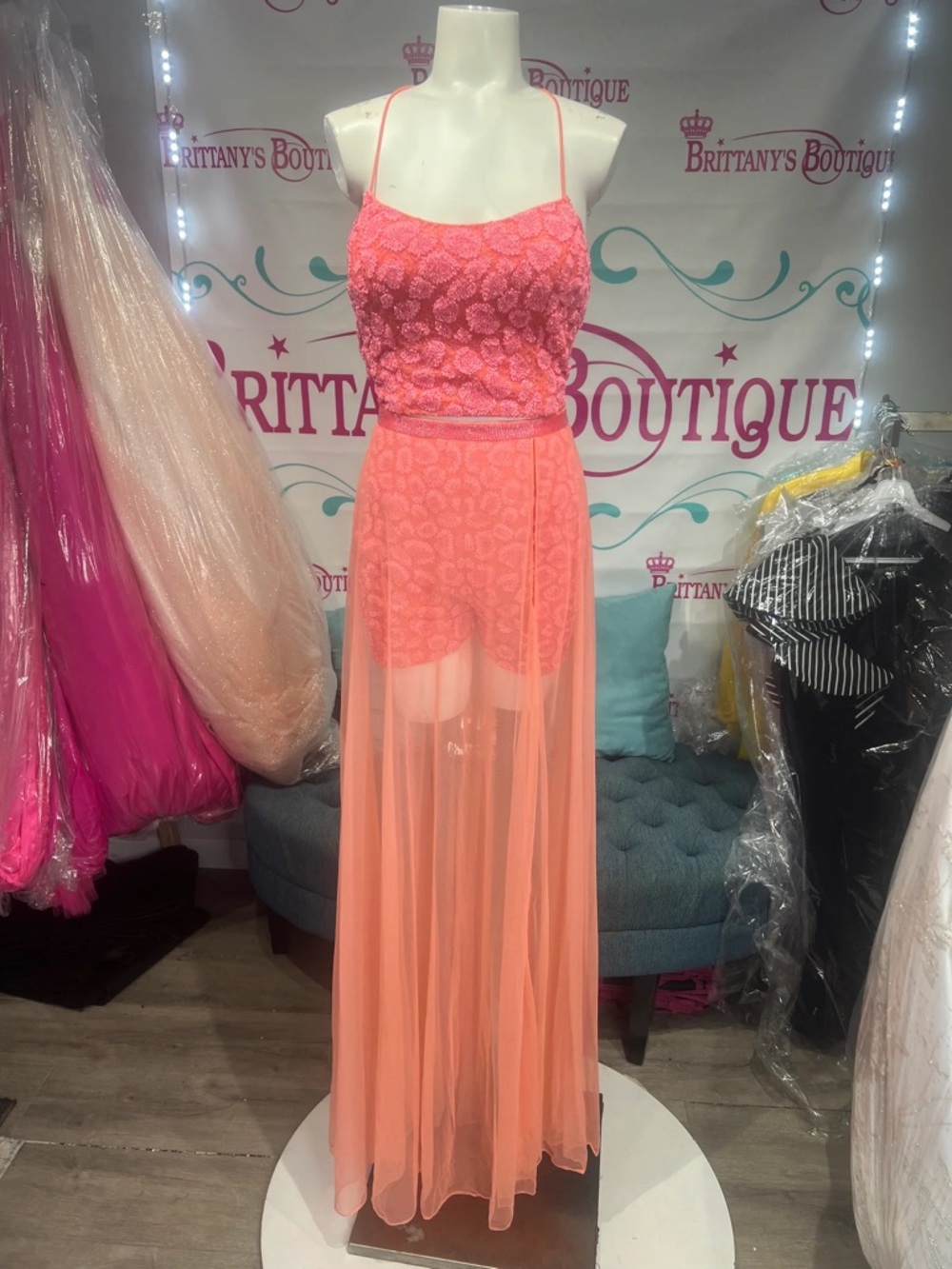 Primavera Couture Coral Lace Bodice Sheer Romper Gown